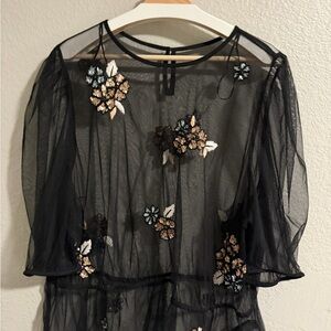 Anthropologie Sheer Black Floral Embroidered sequin Top